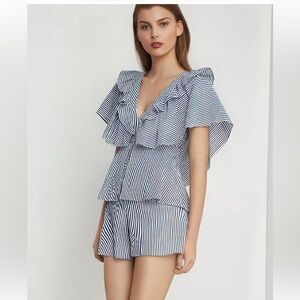 BCBG MaxAzria Flutter-Sleeve Romper Size XS White n Blue Striped